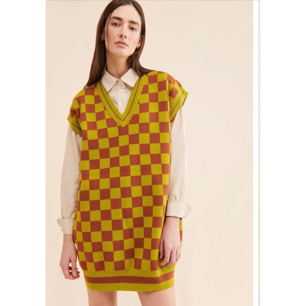 Saint Geraldine Checked V-neck Sweater Vest Dress Yellow Orange Checkerboard OS